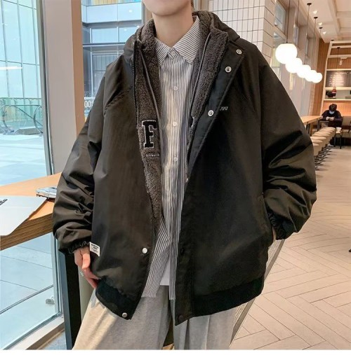 Two-sided wear fashionable loose hooded fleece jacket for men – thick, warm coat with trendy letter embroidery