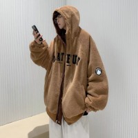 Two-sided wear fashionable loose hooded fleece jacket for men – thick, warm coat with trendy letter embroidery