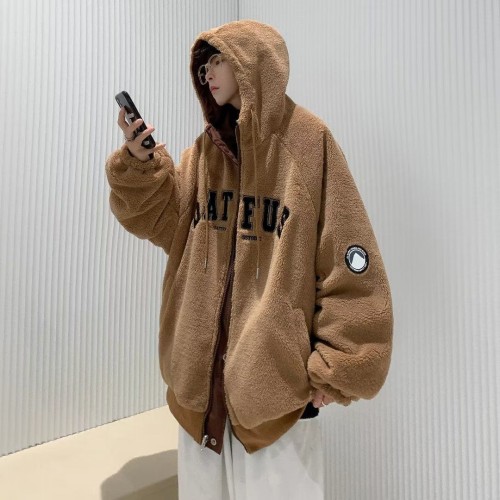 Two-sided wear fashionable loose hooded fleece jacket for men – thick, warm coat with trendy letter embroidery
