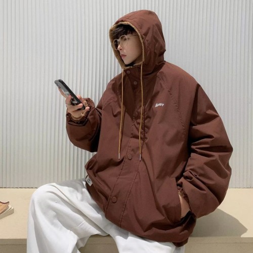 Two-sided wear fashionable loose hooded fleece jacket for men – thick, warm coat with trendy letter embroidery