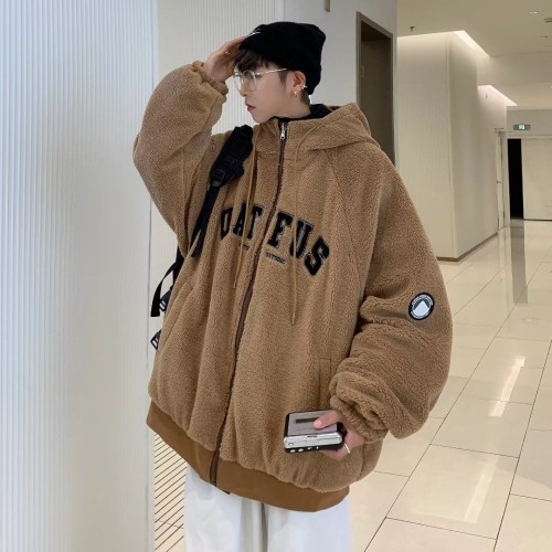 Two-sided wear fashionable loose hooded fleece jacket for men – thick, warm coat with trendy letter embroidery